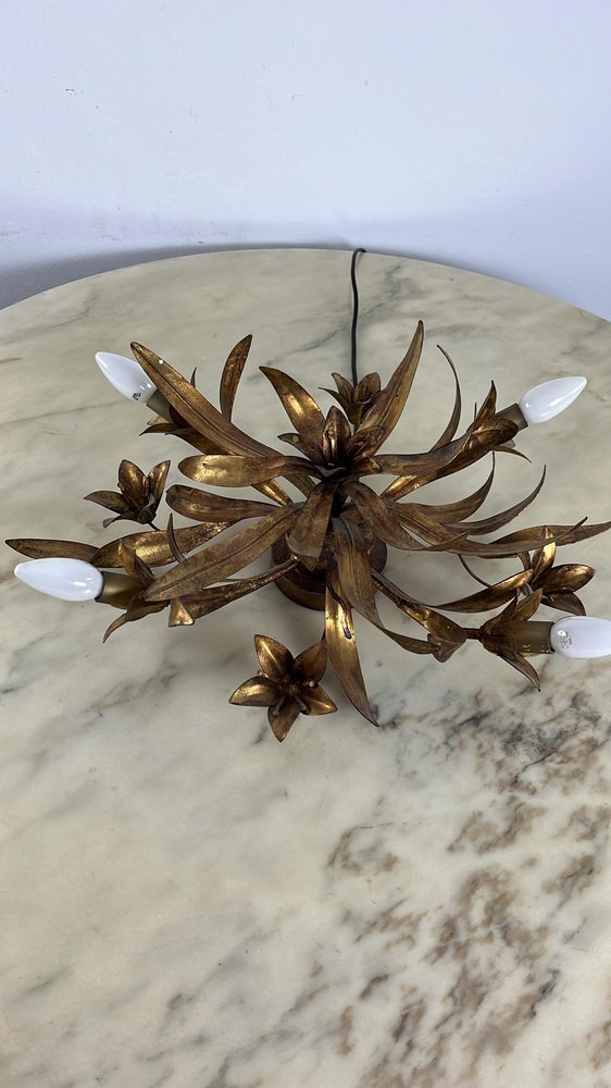 Florentine Ceiling Light with 4 Gilded Iron Lights, Flowers and 80s Leaves, 1980s