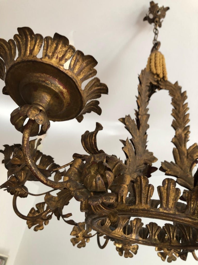 Florentine Chandelier with Leaves and Flowers in Golden Iron, 1880s