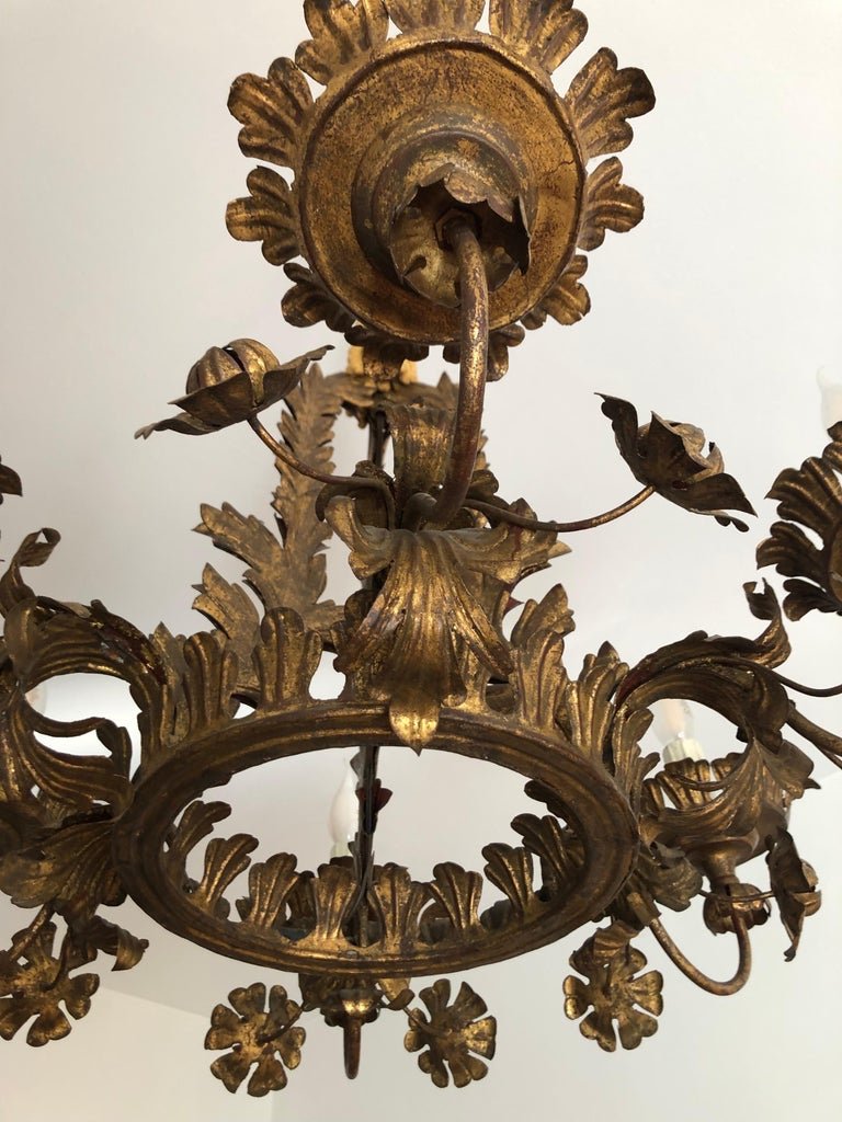 Florentine Chandelier with Leaves and Flowers in Golden Iron, 1880s