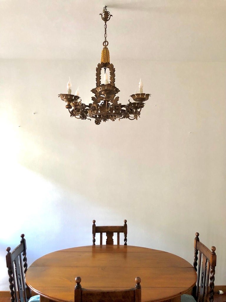 Florentine Chandelier with Leaves and Flowers in Golden Iron, 1880s