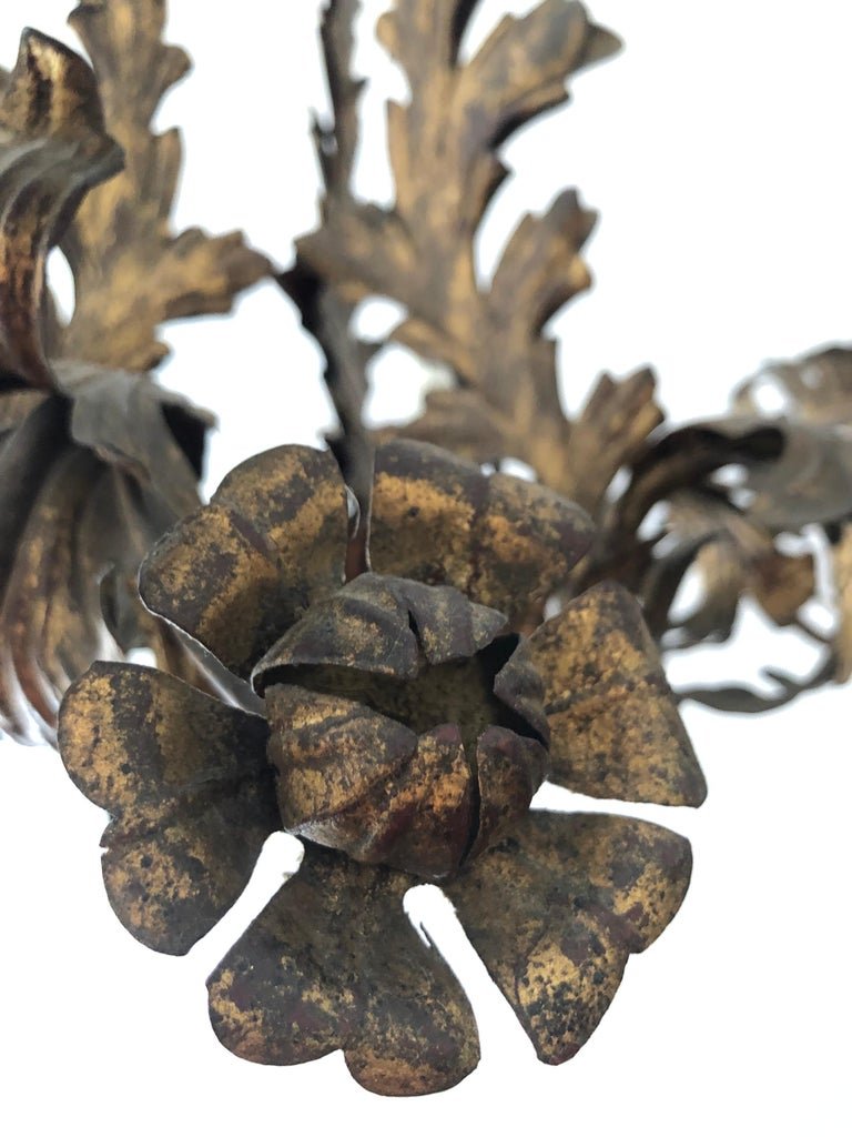 Florentine Chandelier with Leaves and Flowers in Golden Iron, 1880s