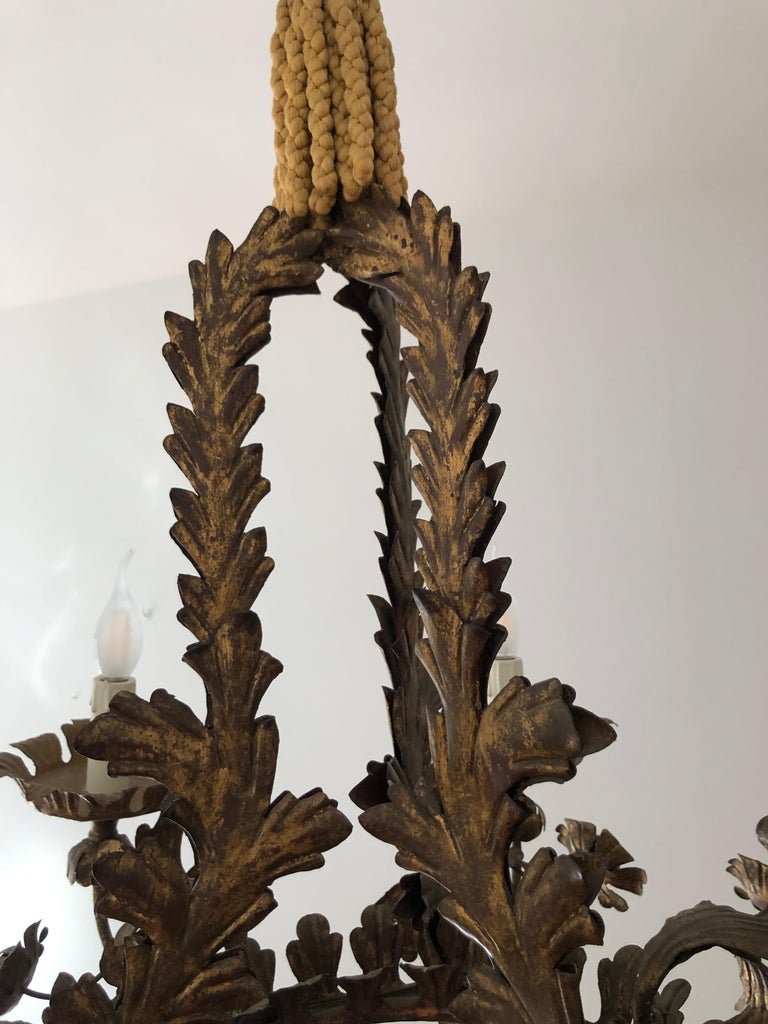 Florentine Chandelier with Leaves and Flowers in Golden Iron, 1880s