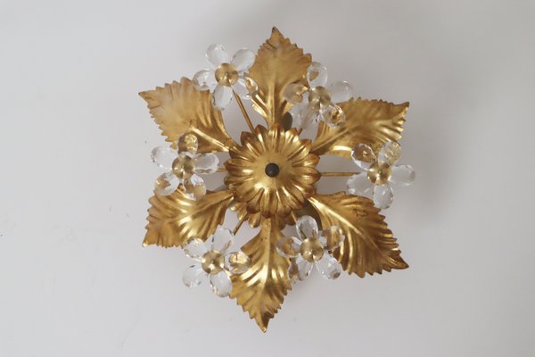 Florentine Floral Gold Ceiling Light with Crystal Flowers, 1970s-ESB-2035602