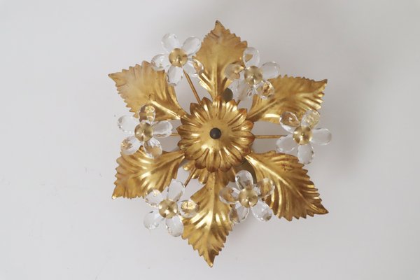 Florentine Floral Gold Ceiling Light with Crystal Flowers, 1970s-ESB-2035602