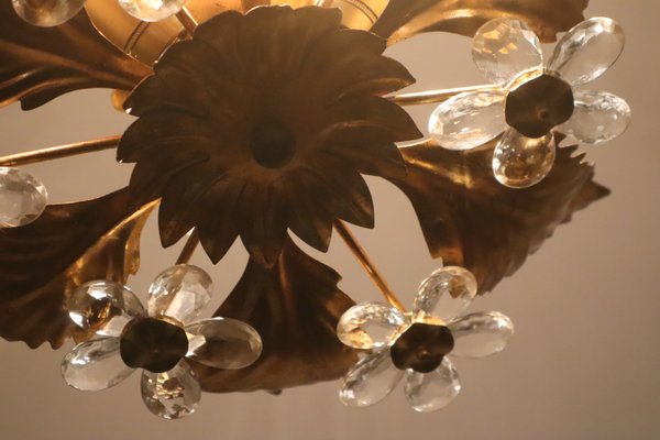 Florentine Floral Gold Ceiling Light with Crystal Flowers, 1970s-ESB-2035602