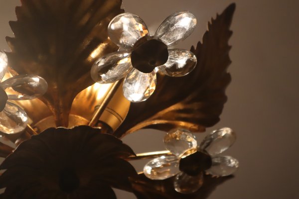 Florentine Floral Gold Ceiling Light with Crystal Flowers, 1970s-ESB-2035602