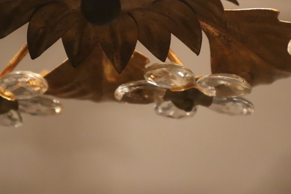 Florentine Floral Gold Ceiling Light with Crystal Flowers, 1970s-ESB-2035602