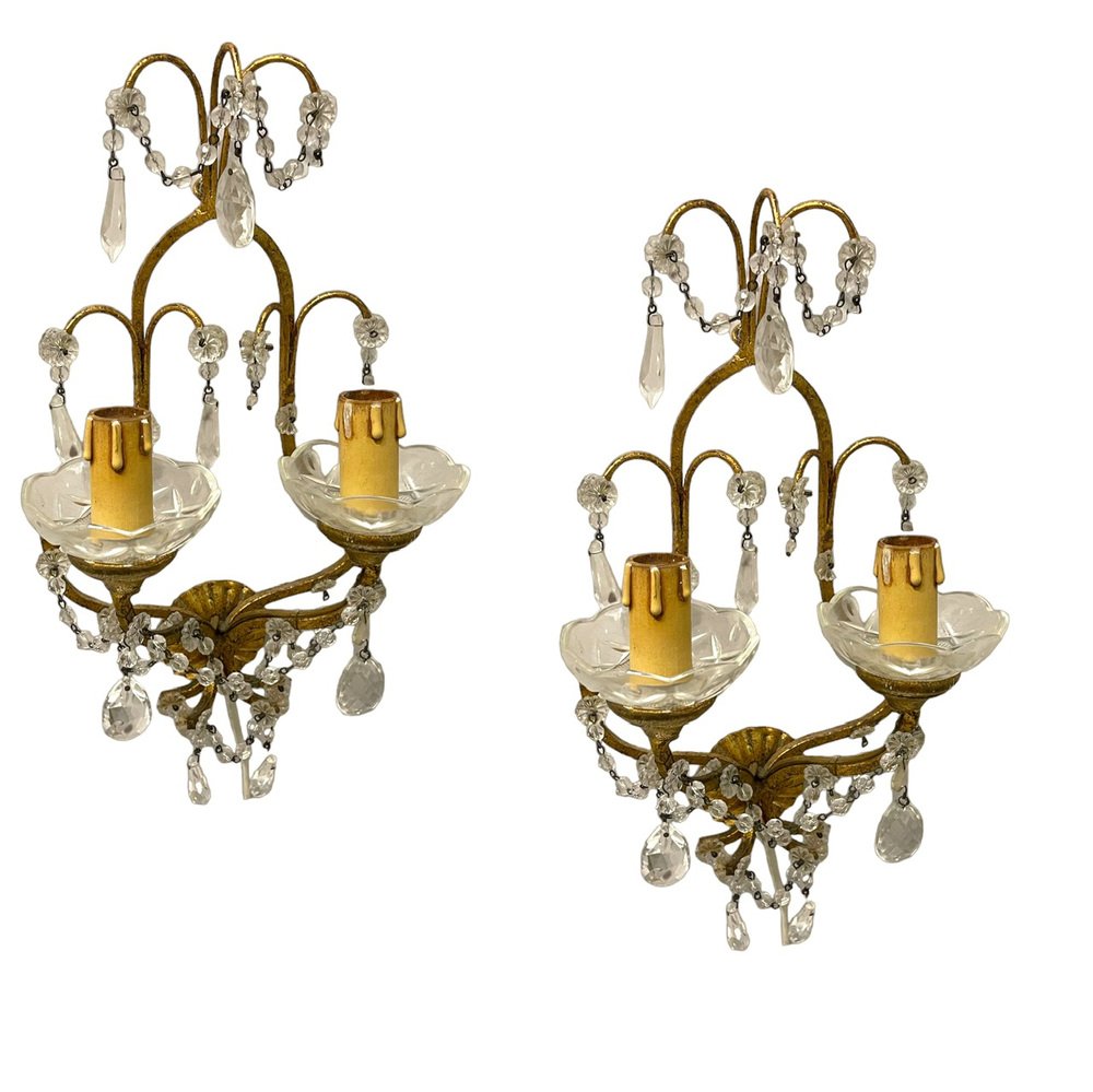 Florentine Gilded Crystal Sconces, 1960s, Set of 2