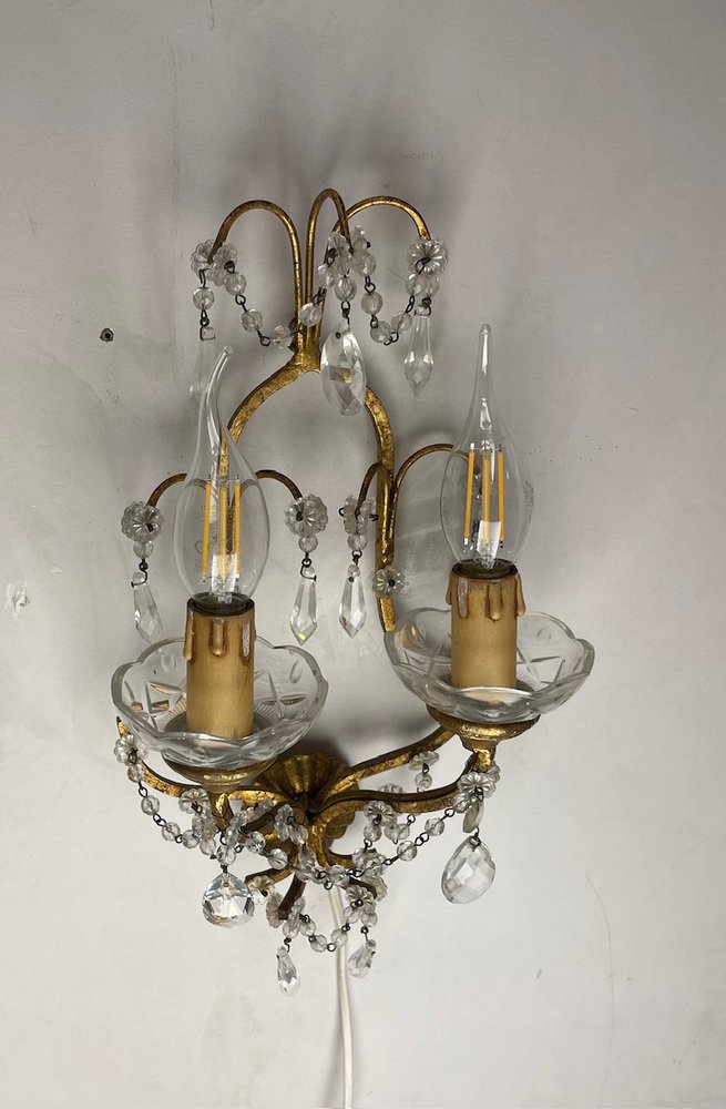 Florentine Gilded Crystal Sconces, 1960s, Set of 2