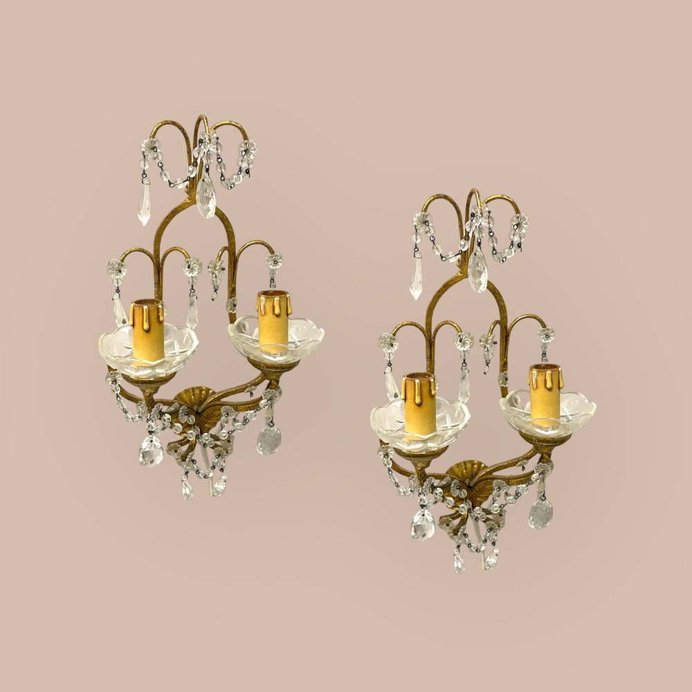 Florentine Gilded Crystal Sconces, 1960s, Set of 2