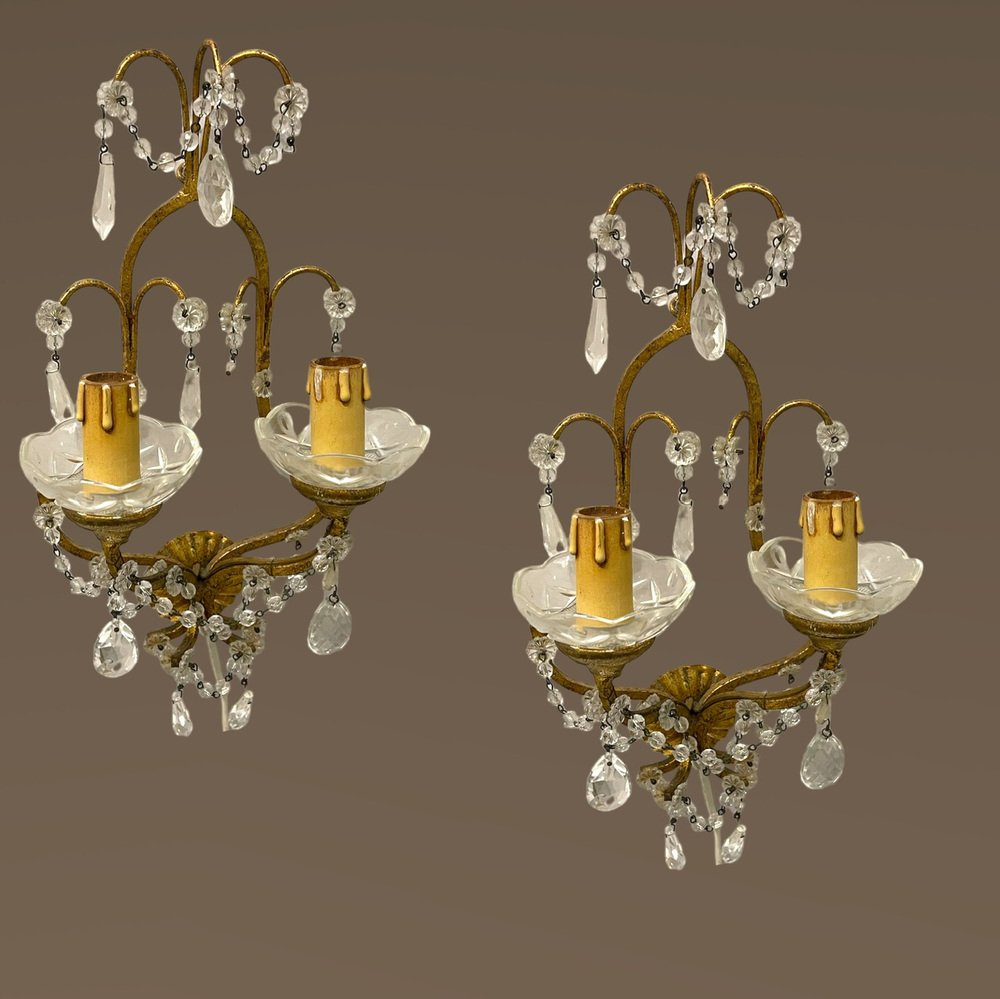 Florentine Gilded Crystal Sconces, 1960s, Set of 2