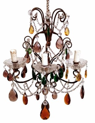 Florentine Gilded Iron & Faceted Glass Chandelier with Colored Crystal Drops, 1946-QRS-1406516