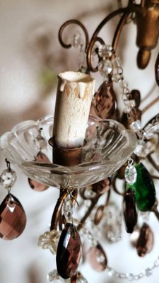 Florentine Gilded Iron & Faceted Glass Chandelier with Colored Crystal Drops, 1946-QRS-1406516