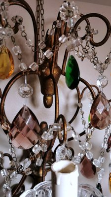 Florentine Gilded Iron & Faceted Glass Chandelier with Colored Crystal Drops, 1946-QRS-1406516