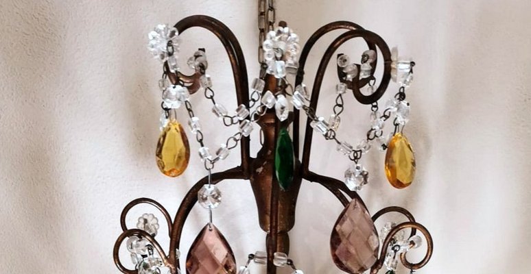 Florentine Gilded Iron & Faceted Glass Chandelier with Colored Crystal Drops, 1946-QRS-1406516