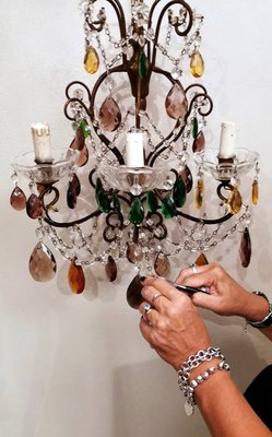 Florentine Gilded Iron & Faceted Glass Chandelier with Colored Crystal Drops, 1946-QRS-1406516