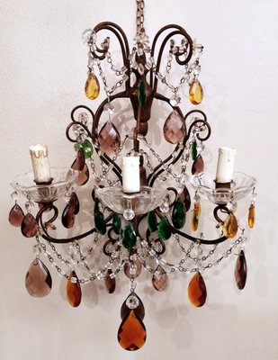 Florentine Gilded Iron & Faceted Glass Chandelier with Colored Crystal Drops, 1946-QRS-1406516