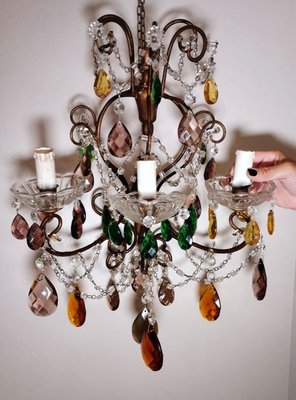 Florentine Gilded Iron & Faceted Glass Chandelier with Colored Crystal Drops, 1946-QRS-1406516