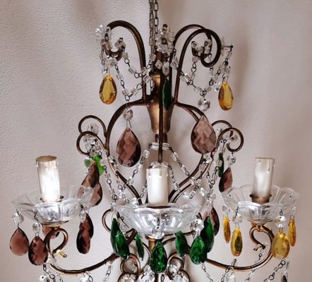 Florentine Gilded Iron & Faceted Glass Chandelier with Colored Crystal Drops, 1946-QRS-1406516