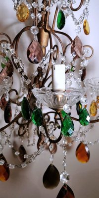 Florentine Gilded Iron & Faceted Glass Chandelier with Colored Crystal Drops, 1946-QRS-1406516