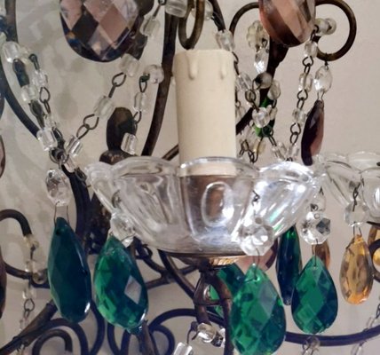 Florentine Gilded Iron & Faceted Glass Chandelier with Colored Crystal Drops, 1946-QRS-1406516