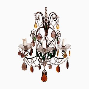 Florentine Gilded Iron & Faceted Glass Chandelier with Colored Crystal Drops, 1946-QRS-1406516