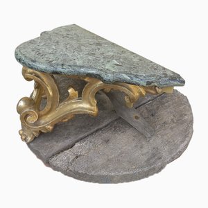 Florentine Gilt Shelves in Carved Wood with Green Val d'Aosta Marble Surfaces, Set of 2-ZFY-1731576