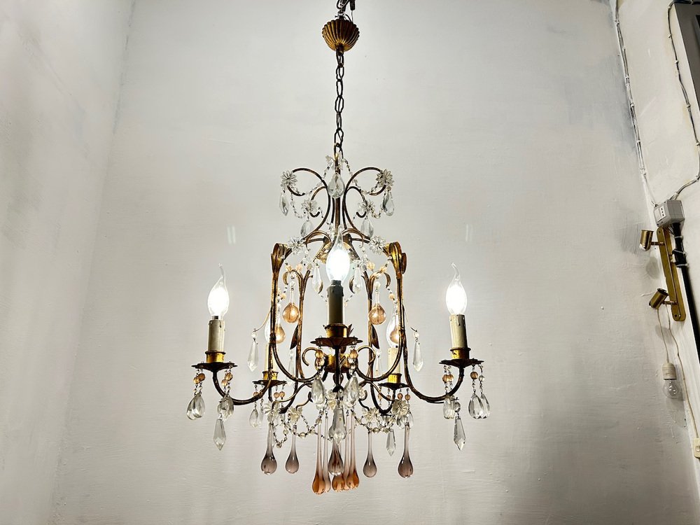 Florentine Gold Gilded Murano Glass Chandelier, 1960s