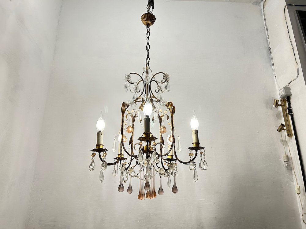 Florentine Gold Gilded Murano Glass Chandelier, 1960s