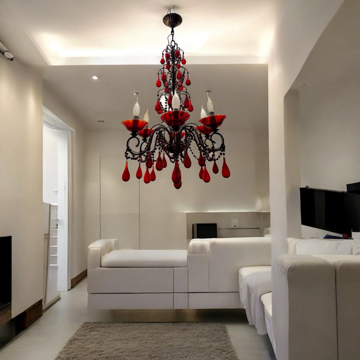 Florentine Macaroni Red Murano Glass Chandelier, 1950s