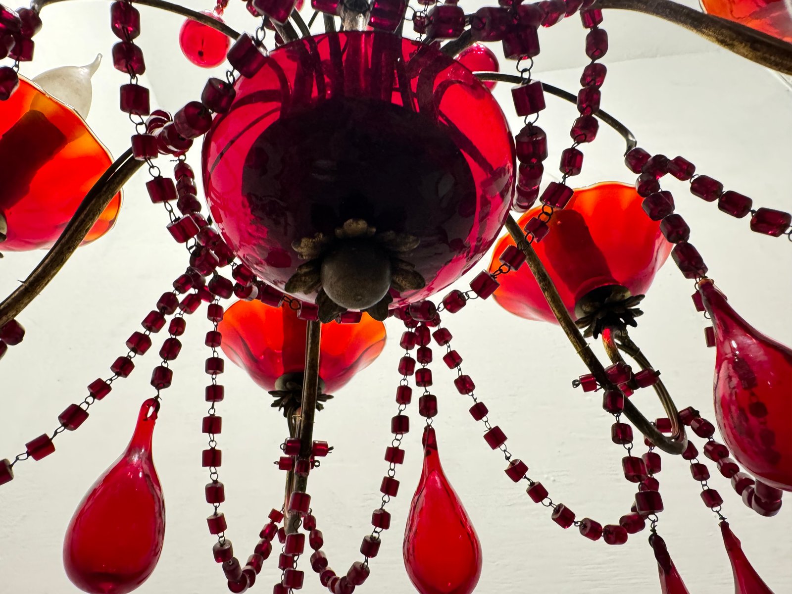 Florentine Macaroni Red Murano Glass Chandelier, 1950s