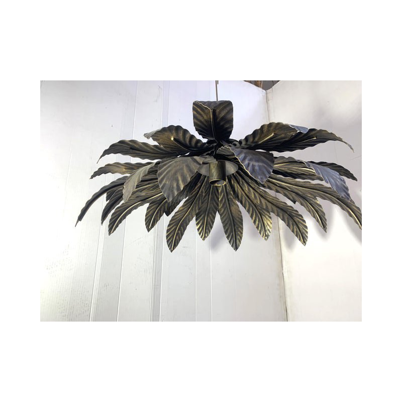 Florentine Wrought Iron Brunito and Gold Leaves Pendant by Simoeng