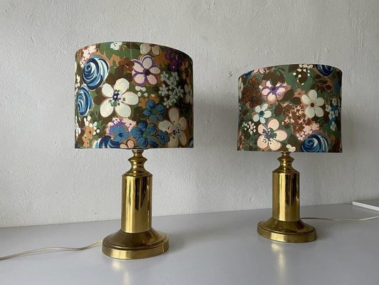 Flower Illustrated Fabric Shade & Brass Table Lamps, 1980s, Set of 2-RDS-1187199