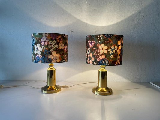 Flower Illustrated Fabric Shade & Brass Table Lamps, 1980s, Set of 2-RDS-1187199