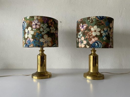 Flower Illustrated Fabric Shade & Brass Table Lamps, 1980s, Set of 2-RDS-1187199