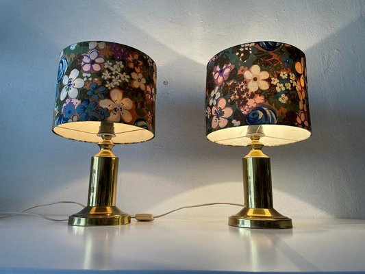 Flower Illustrated Fabric Shade & Brass Table Lamps, 1980s, Set of 2-RDS-1187199