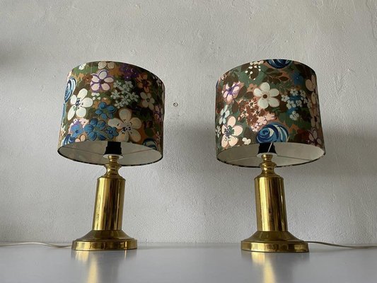 Flower Illustrated Fabric Shade & Brass Table Lamps, 1980s, Set of 2-RDS-1187199