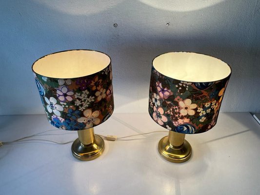 Flower Illustrated Fabric Shade & Brass Table Lamps, 1980s, Set of 2-RDS-1187199