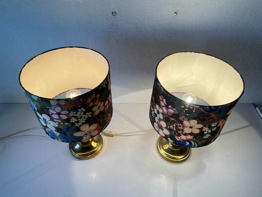 Flower Illustrated Fabric Shade & Brass Table Lamps, 1980s, Set of 2-RDS-1187199