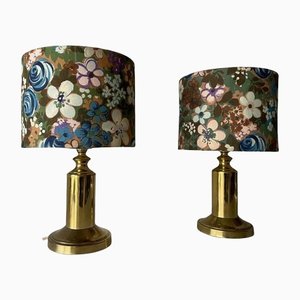 Flower Illustrated Fabric Shade & Brass Table Lamps, 1980s, Set of 2-RDS-1187199