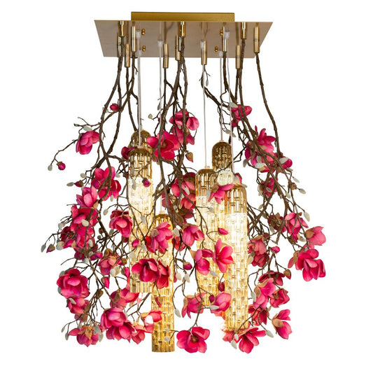 Flower Power Fuchsia Magnolia Chandelier with 24k Gold Pipes from VGnewtrend, Italy