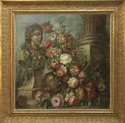 Flowers and Ruins Painting, Italian School, Oil on Canvas, Framed-YUW-1299949