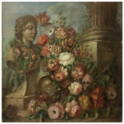 Flowers and Ruins Painting, Italian School, Oil on Canvas, Framed-YUW-1299949