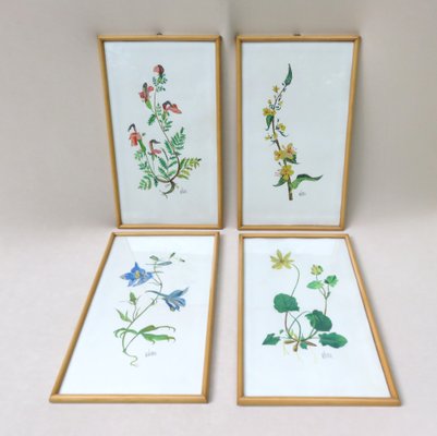 Flowers Watercolor by W. Kratz, 1950s, Set of 4-EY-716926