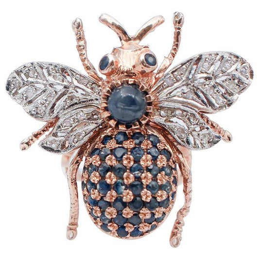 Fly Shaped Ring in 9K Rose Gold and Silver with Diamonds and Sapphires