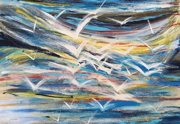 Flying Seagulls - Acrylic on Plywood by M. Goeyens - 2000s 2000s-ZCI-756401