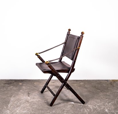 Folding Chair in Mahogany, Faux Bamboo, Leather and Brass, 1960s-VLO-1000303