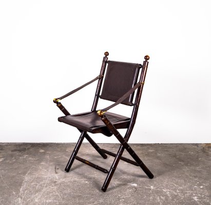 Folding Chair in Mahogany, Faux Bamboo, Leather and Brass, 1960s-VLO-1000303