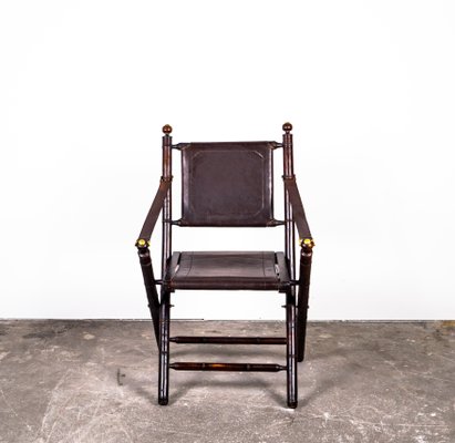 Folding Chair in Mahogany, Faux Bamboo, Leather and Brass, 1960s-VLO-1000303