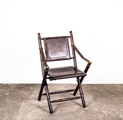 Folding Chair in Mahogany, Faux Bamboo, Leather and Brass, 1960s-VLO-1000303